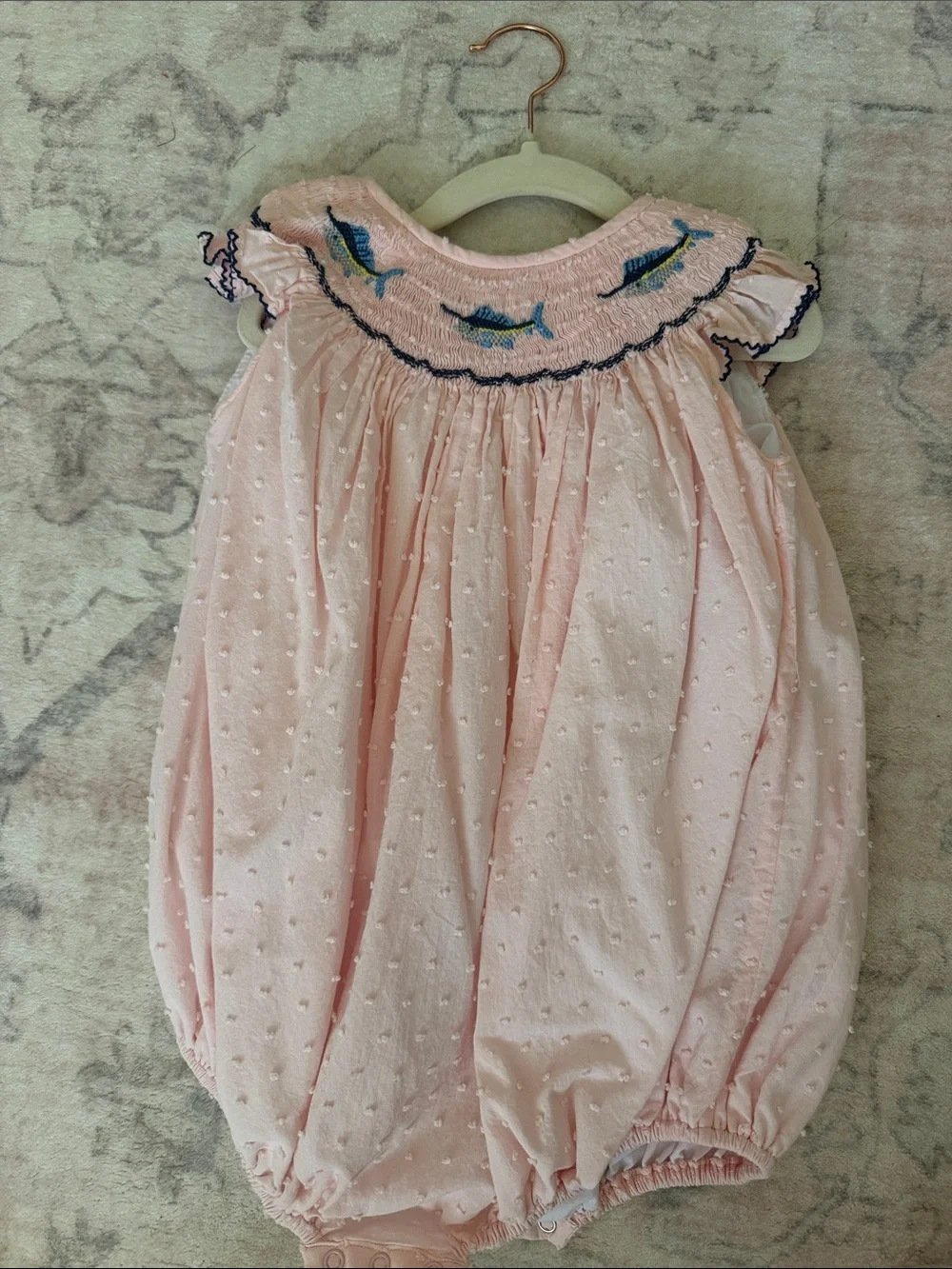 Pink Smocked Bubble One-Piece for Kids with Embroidered Fish